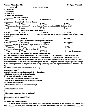 Bài tập Tiếng Anh Lớp 6 - Chủ đề Wh  Questions - Năm học 2019-2020 - Phan Quốc Thế